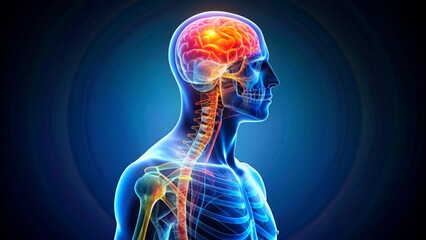 An anatomical of a human figure showcasing brain and painful joints in vibrant colors against a dark background