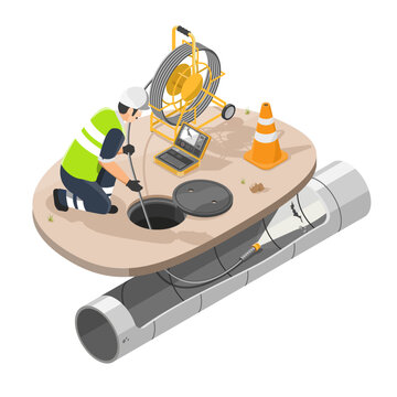 Engineer use Sewer Pipe inspection camera Tools Wastewater constraction site concept isometic isolated illustration
