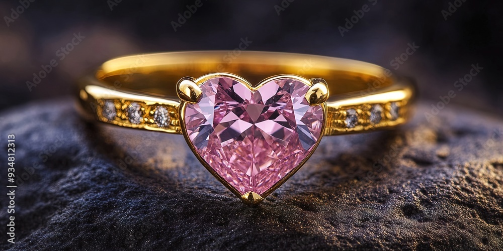 Wall mural expensive gold wedding ring, heart-shaped pink diamond