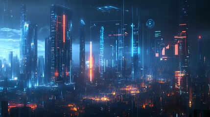 Futuristic cityscape with holographic charts displaying economic policy metrics, concept of modern urban economic planning 