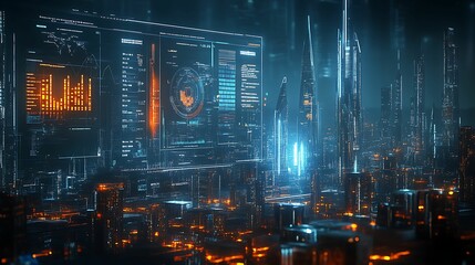 Futuristic cityscape with holographic charts displaying economic policy metrics, concept of modern urban economic planning 