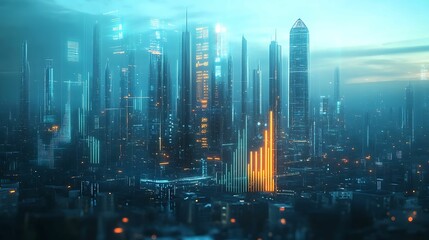 Futuristic cityscape with holographic charts displaying economic policy metrics, concept of modern urban economic planning 