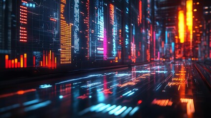 Futuristic cityscape with holographic charts displaying economic policy metrics, concept of modern urban economic planning 