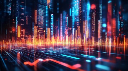 Futuristic cityscape with holographic charts displaying economic policy metrics, concept of modern urban economic planning 