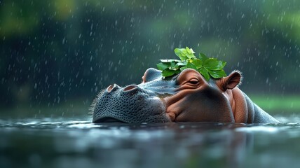 Hippopotamus wallowing in a rain-soaked riverbank, with raindrops splashing off its thick skin and blending into the lush surroundings.