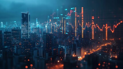 Fototapeta premium Futuristic cityscape with holographic charts displaying economic policy metrics, concept of modern urban economic planning 