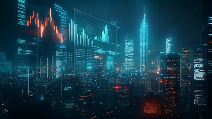 Futuristic cityscape with holographic charts displaying economic policy metrics, concept of modern urban economic planning 
