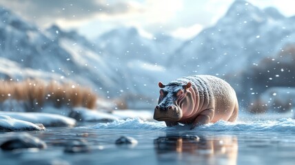 Serene scene of a hippopotamus navigating through a snowy landscape, with snowflakes gently settling on its thick skin and peaceful surroundings.
