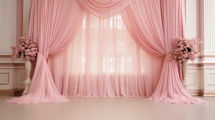 Pink wedding decorations with fresh flowers and draped curtains