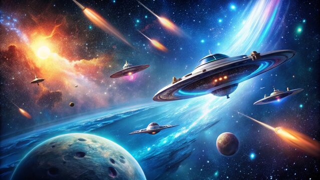 Spaceships leaving Earth for universe exploration with bright stars, comets, and constellations in deep space