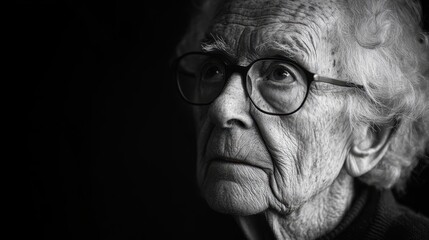 A black and white portrait of an elderly person, with deep lines and a life story etched into their face.