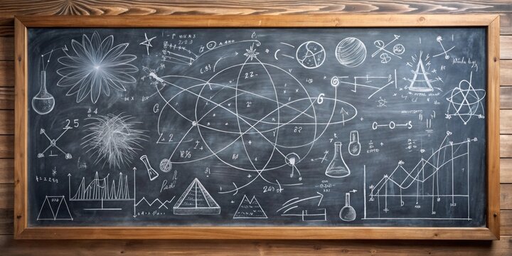 Blackboard with quantum physics operations and formulas written in chalk