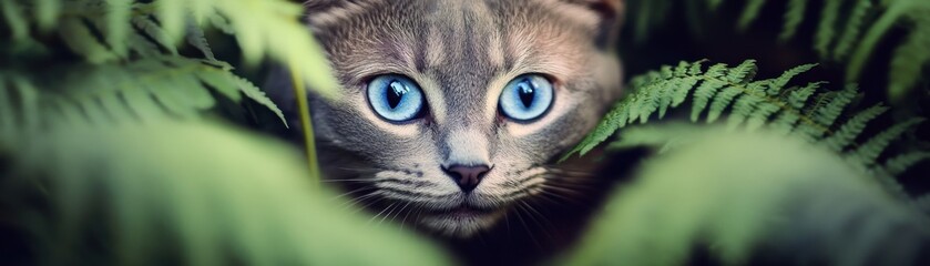 A curious cat peeking through lush green ferns, showcasing striking blue eyes and a playful expression.