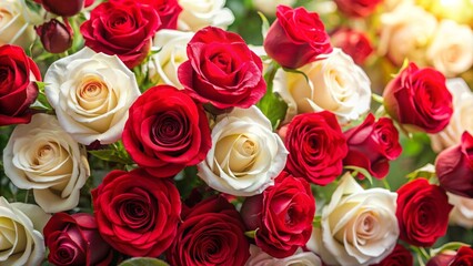 Beautiful background of red and white roses in full bloom