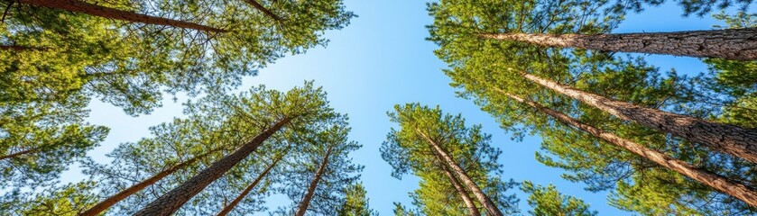 A stunning view of tall trees reaching towards a clear blue sky, perfect for nature lovers and outdoor landscapes.
