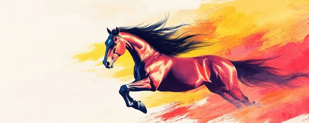 A vibrant, artistic depiction of a strong horse in motion, showcasing its elegance and power against a colorful background.