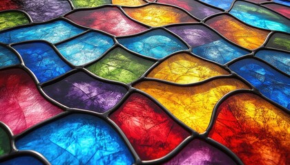 Colorful stained glass window pattern. Perfect for creating backgrounds or illustrating the theme of faith and religion.