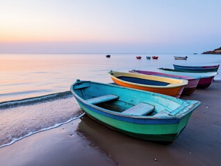 Naklejka premium Colorful boats on a tranquil beach at sunset, reflecting soft hues of nature in a peaceful coastal scene.