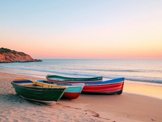 Fototapeta premium Colorful boats resting on the sandy beach at sunset, creating a serene coastal scene with gentle waves and vibrant hues.