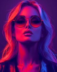 Fototapeta premium A woman with long blonde hair and red sunglasses is the main focus of the image. The photo is in a purple and blue color scheme, giving it a vibrant and energetic feel