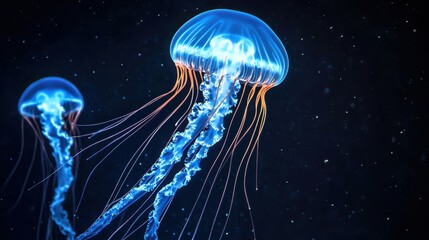 Ethereal jellyfish illuminated in blue light, gracefully swimming against a dark background, showcasing their delicate tentacles.