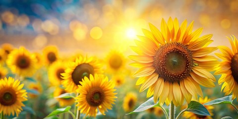 Fototapeta premium Blurred background of vibrant sunflowers with space for text
