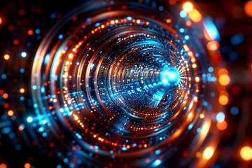 Fototapeta premium A spiral of lights with a bright blue center and orange and red edges. The spiral is surrounded by a dark background