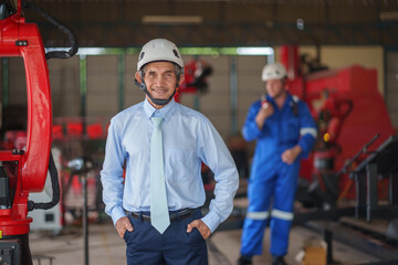 portrait an experience asian manager while inspecting the robots in factory before delivery to customers with background young caucasian engineer