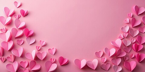 Fototapeta premium Pink background with scattered pink paper hearts for Valentine's Day and love-themed designs