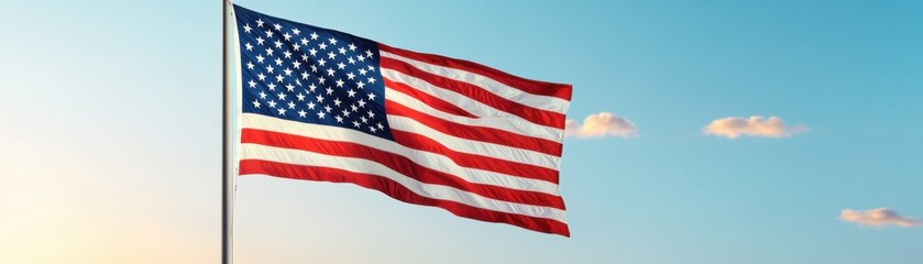 Obraz premium The American flag waves proudly against a clear blue sky, symbolizing freedom and national pride.