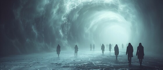 Black hole with an event horizon that bends light into 3D spirals with 2D shadowy figures caught in the gravitational pull hovering on the edge of oblivion