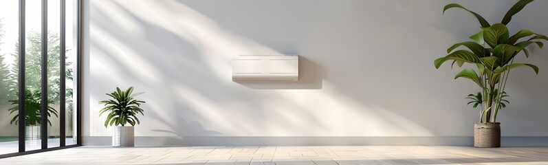 Air conditioner on white wall room interior background. 