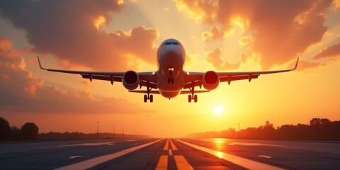 Fototapeta premium airplane landing at sunset