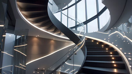 A bold, curved modern staircase featuring recessed lighting accents, blackened steel