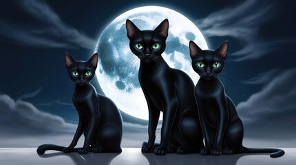 Three black cats against the moon. Close-up. Halloween