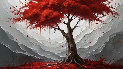  painting of a red tree with long, flowing branches