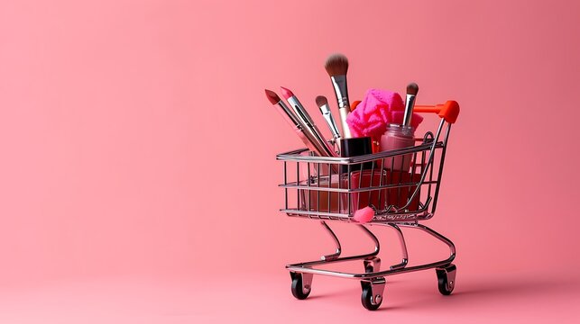 Featuring a cosmetics filled shopping cart on pink background in the basket scent sponge brush mascara nail file eye makeup and lipstick