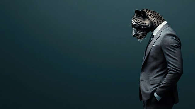 A creative depiction of a man in a suit with a leopard head, blending business and wild concepts in a modern art setting.