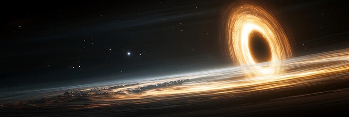 Black holes gravitational pull shown as a 3D tidal force with 2D planets and stars being pulled apart as they approach the event horizon blending the visual representation of extreme gravity