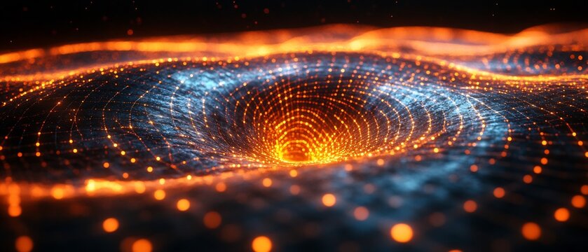 Black hole's singularity visualized as a 3D point of no return with 2D spacetime grid lines bending and stretching toward the ultimate collapse