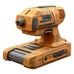 A futuristic, worn-down drill with a yellow and orange paint job.  The drill has a large battery pack and a variety of buttons and controls.