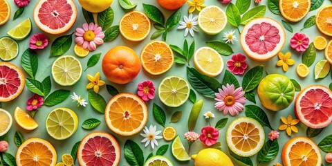 A vibrant summer pattern featuring citrus fruits, leaves, and flowers