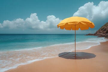 A lone yellow beach umbrella on the sand. Perfect for illustrating a relaxing beach vacation, promoting travel, or representing summertime.