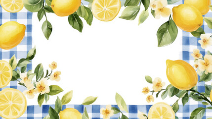 Vector illustration in watercolor style featuring lemons, flowers, and blue Mediterranean tiles. Includes elegant frames, wreaths, yellow checkered tablecloths, and patterns, suitable for backgrounds,