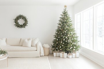 Christmas tree in the corner of a bright, spacious living room, with simple white and gold ornaments, leaving a large area of clean, white wall as negative space to emphasize the tre elegance. 
