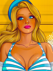 A cartoonish drawing of a woman with a blue hat and a bikini top. The woman has a big bust and is smiling