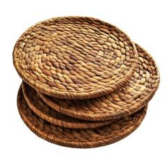 Obraz premium A stack of four woven natural fiber placemats, perfect for a rustic table setting.