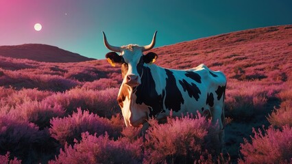 Background design in the Apollo style for vaporwave idea a cow