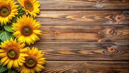 Rustic wooden background with bright sunflowers and space for text