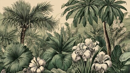 Fototapeta premium of a tropical jungle with palm trees, flowers, and birds.